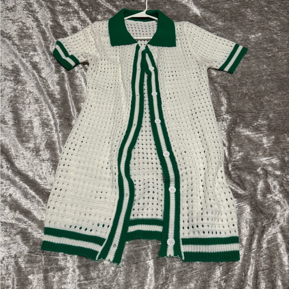 Green and White Crochet Button-Up Dress